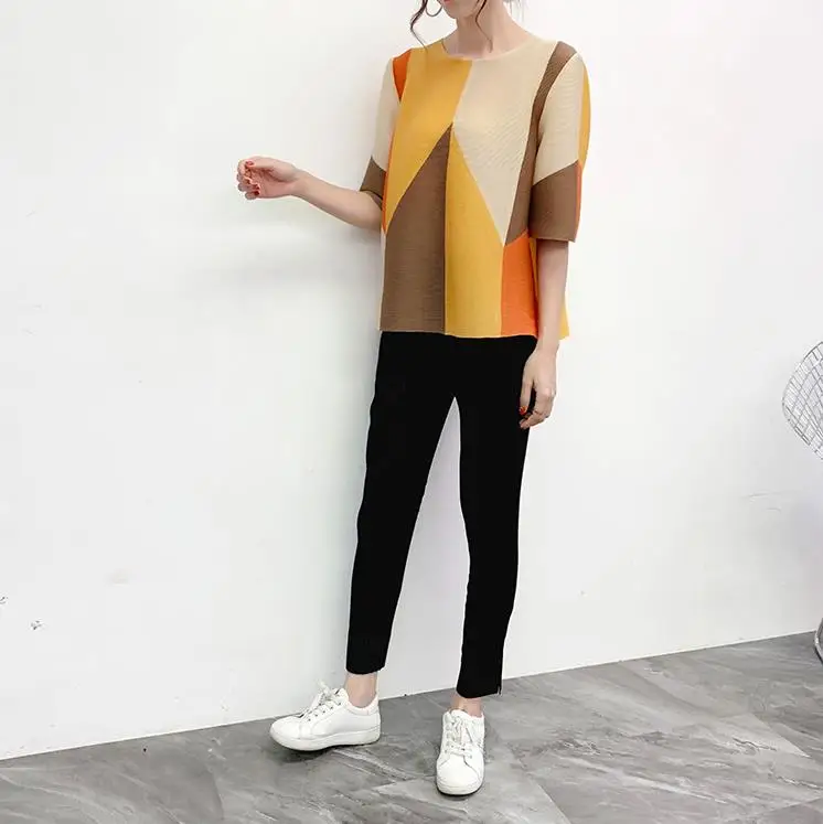 Цвет: желтый MIYAKE Fold/Новая Стильная осенне-зимняя футболка в этническом стиле со средним рукавом и принтом, нижняя рубашка - Цвет: Цвет: желтый