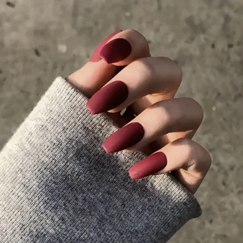 

24pcs/set Red Frosted Ballet Medium Length Fake Nail with Glue Fashion Pure Color Nail tips Patches Women Manicure press on nail