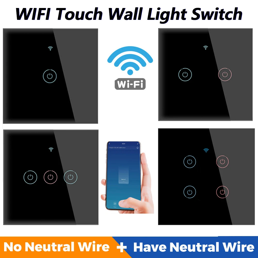 

Wifi Smart Wall Touch Light Switch No Neutral Wire Required Voice Control 1/2/3/4 Gang Tuya EU Glass Google Home Alexa Black