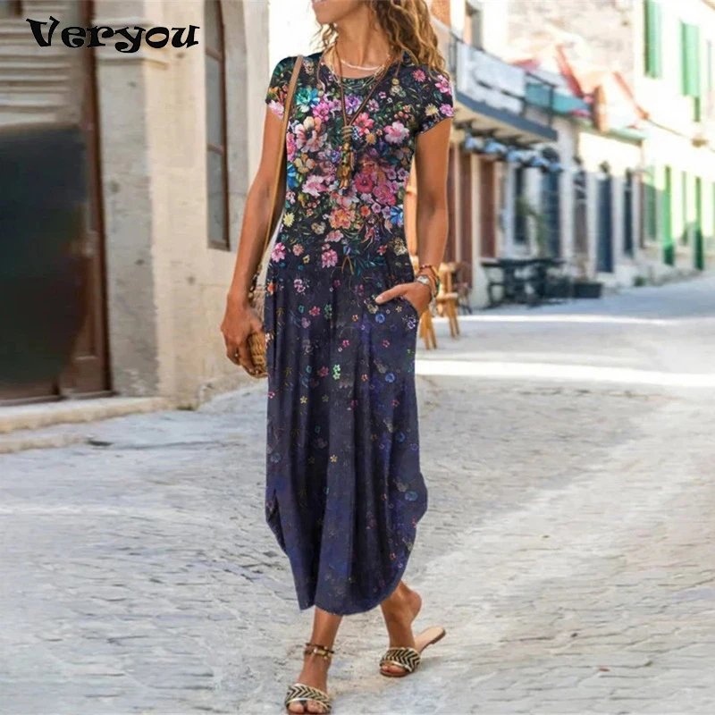 Vintage Flower Dress Women O Neck Pocket Casual Dresses For Women Loose Long Dress Plus Size Ladies Vacation Party Dress