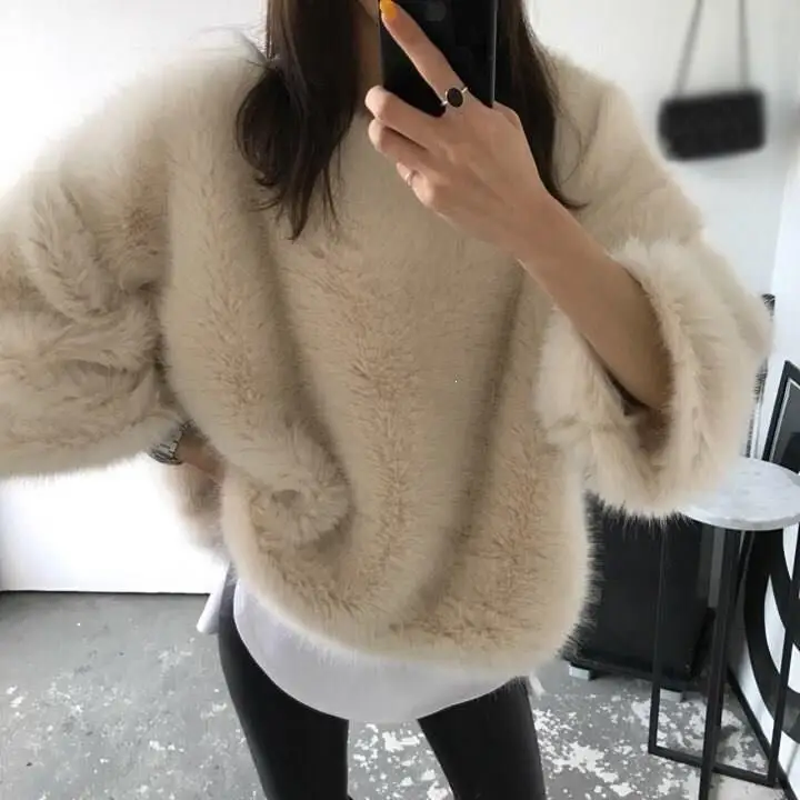 

Three Quarter Batwing Sleeve Sweater Faux Fur Loose Korean Warm Pullovers Solid Autumn Winter Comfortable Sweater