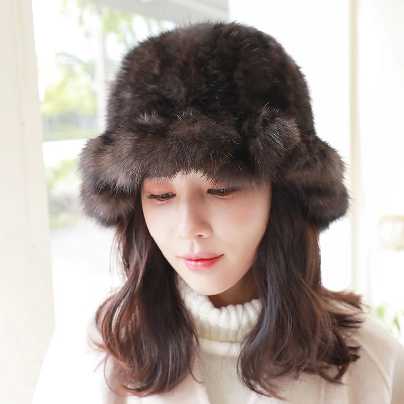 

ZDFURS * Women's Mink Fur Buckets Hats Korean Fashion Knitted Sable Fur Beanies Girl Winter Warm Caps Casual Japan Falbala