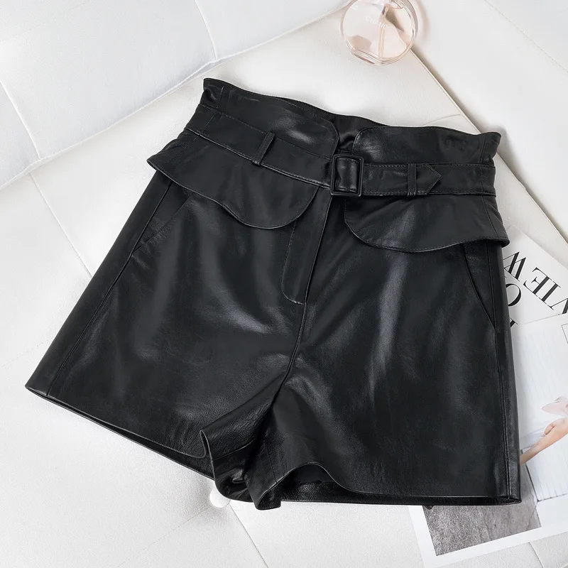New Fall and Winter 100% Leather Broad legged Shorts Woman Sheepskin Version Loose Leisure shorts | Женская одежда