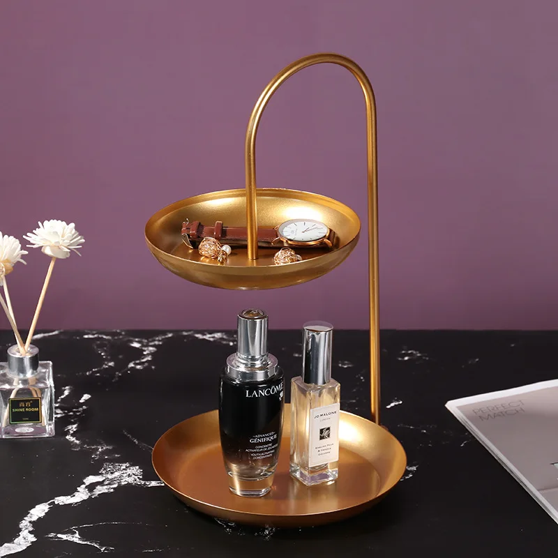 Nordic Desktop Double Layer Gold Cosmetics Storage Tray Fruit Plate Jewelry Holder Display Stand Finishing Racks Organizer | Дом и сад
