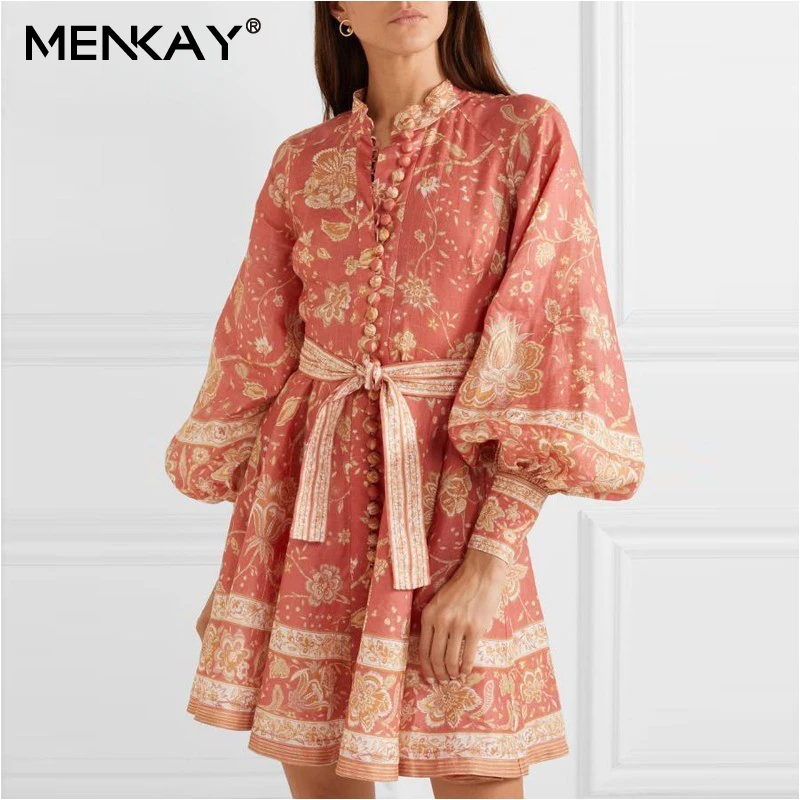 

[MENKAY] Vintage Floral Print Lantern Long Sleeve Sash Lace Up Waisted Button Down Red Mini Dresses Women 2019 Autumn Fashion