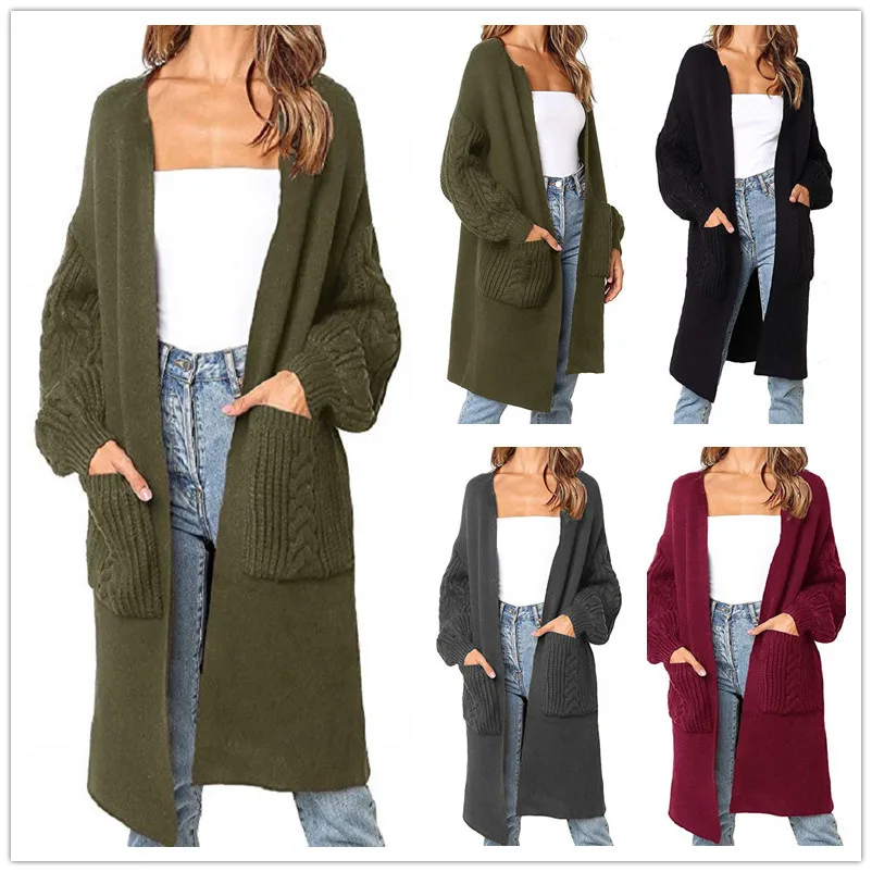 

2020 Autumn Winter New European American Solid Color V-Neck Twist Lantern Sleeve Knitted Cardigan Sweater Women