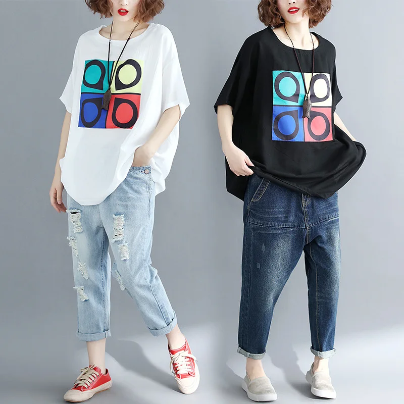 

2019 Spring And Summer New Style Korean-style Fat Mm Large Size Literature And Art Short Sleeve 200 Slimming Loose-Fit T-shirt W