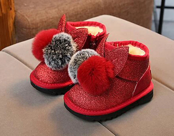 Little Girls Boots Bunny Pom Poms Glitter Ankle Boot Faux Fur Pink Red Black Animal Boots New Warm Snow Boots SandQ Baby