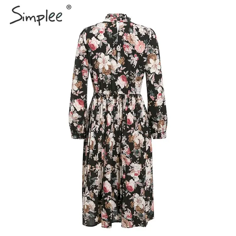 Beste Simplee Sexy bloemenprint maxi jurk Elegante kantoor dame stand kraag lange party dress Ruches herfst losse lange mouw jurk