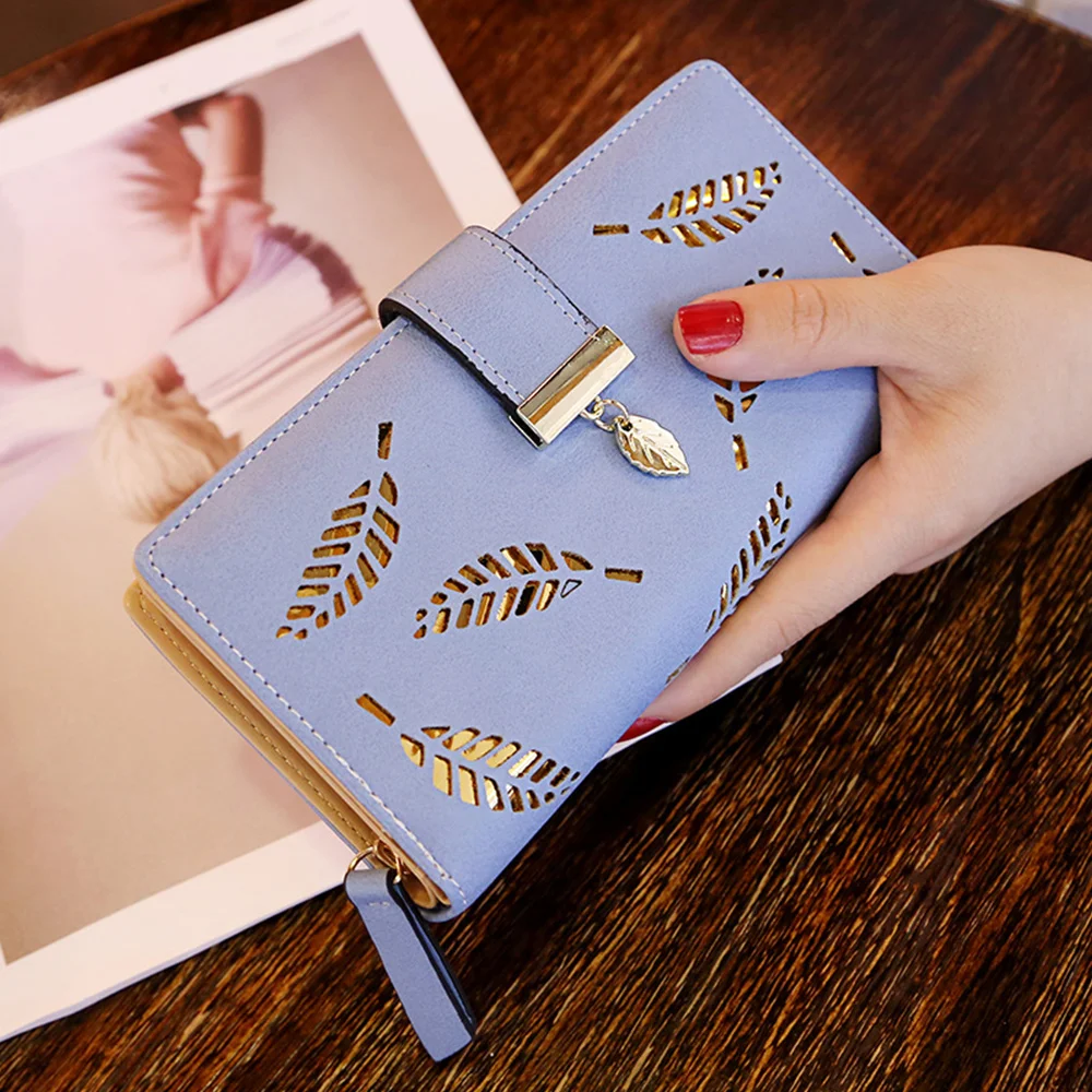 

Women Wallet PU Leather Purse Female Long Wallet Gold Hollow Leaves Pouch Handbag For Women Coin Purse Card Holders Clutch