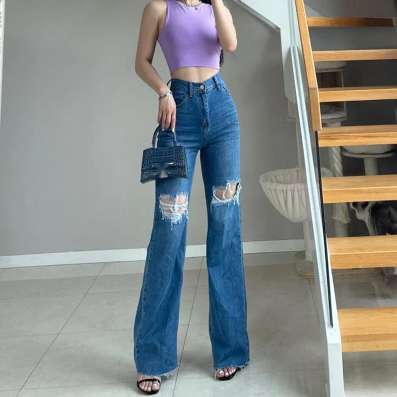 WOMENGAGA Straight Mom Boyfriend Jeans For Woman Holes High Waist Sexy Hot Korean Women Wide Leg Pants Trousers Tassel Denim 2LC | Женская