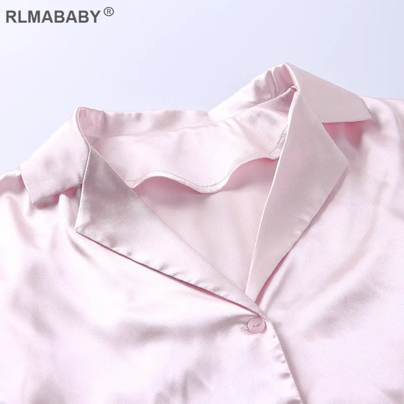 Solid Notched Collar Silk Satin Blouse Elegant Soft Short Sleeve Button Summer Women Tops 2020 Office Lady Fashion Pink Blouse