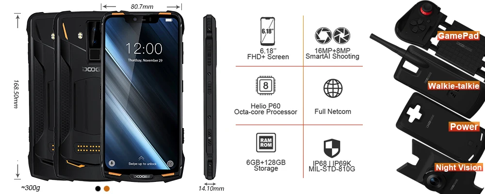 DOOGEE S90 NFC IP68 Ударопрочный мобильный телефон 6 ГБ+ 128 ГБ 5050 мАч android 8,1 6,18 ''Helio P60 Восьмиядерный 16 МП 4G Прочный смартфон