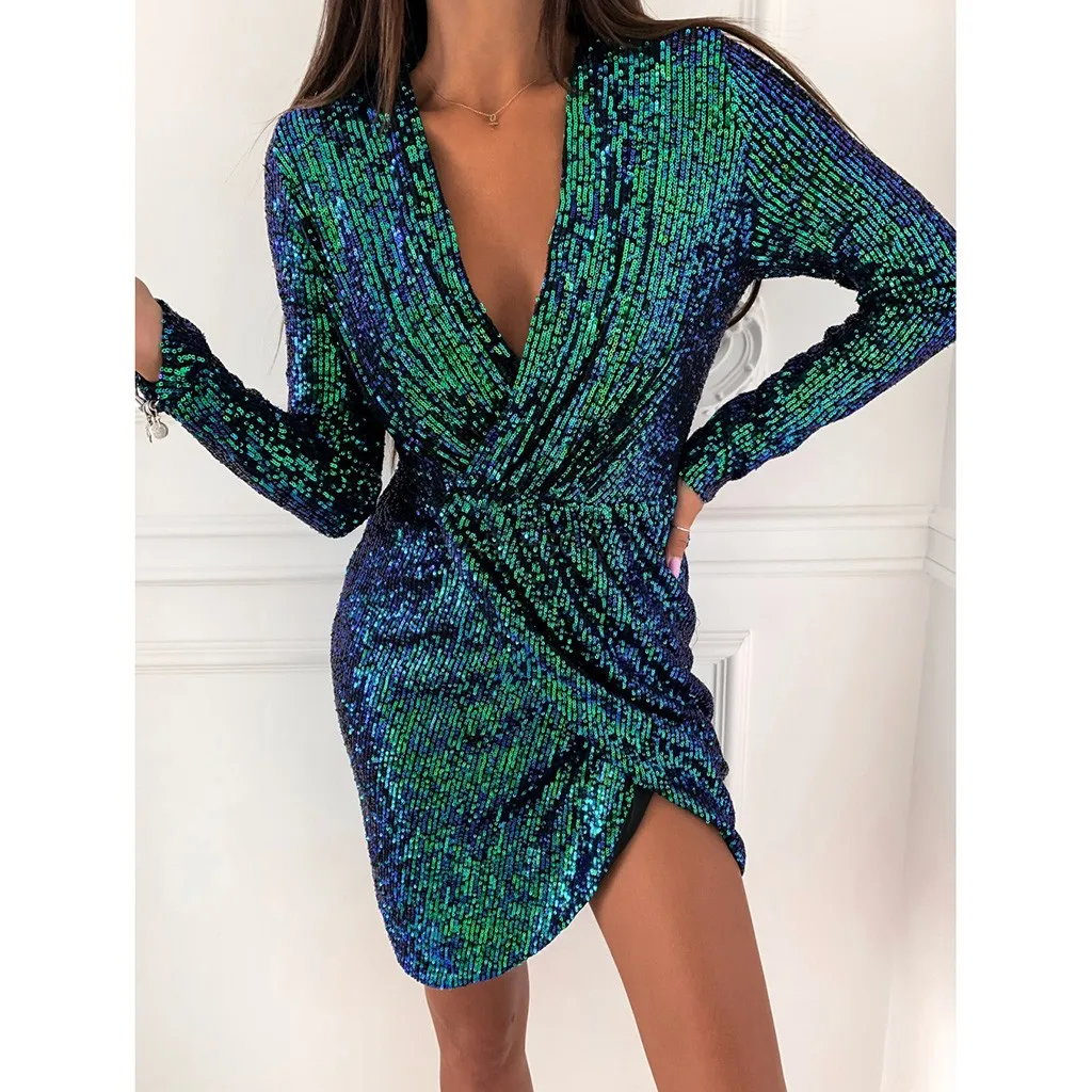 Deep V Sequins Wrap Ruched dress autumn and winter Long Sleeve Nightclub Dress elegant women dress long sleeve big size vestido