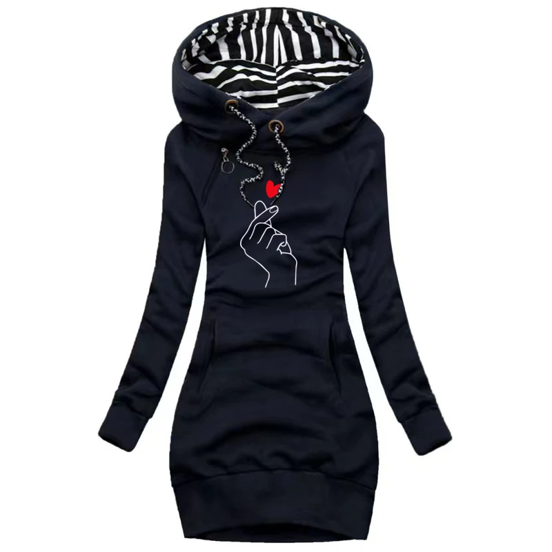 Bikinis Secret Hooded Knee-length Fleeced Women Hoodie Dress 2022 Autumn Winter Elegant Street Casual Sportswear Pullover Dresse