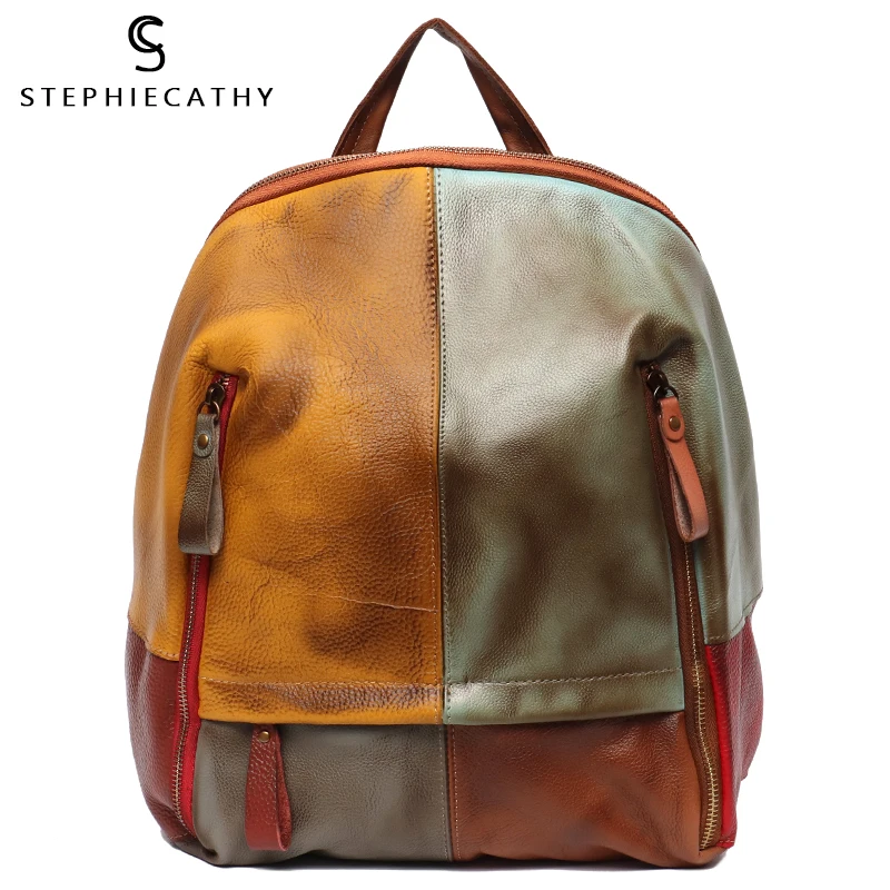 Women Backpacks Knapsack Travel Real-Leather Shoulder-Bags Functional Vintage Patchwork