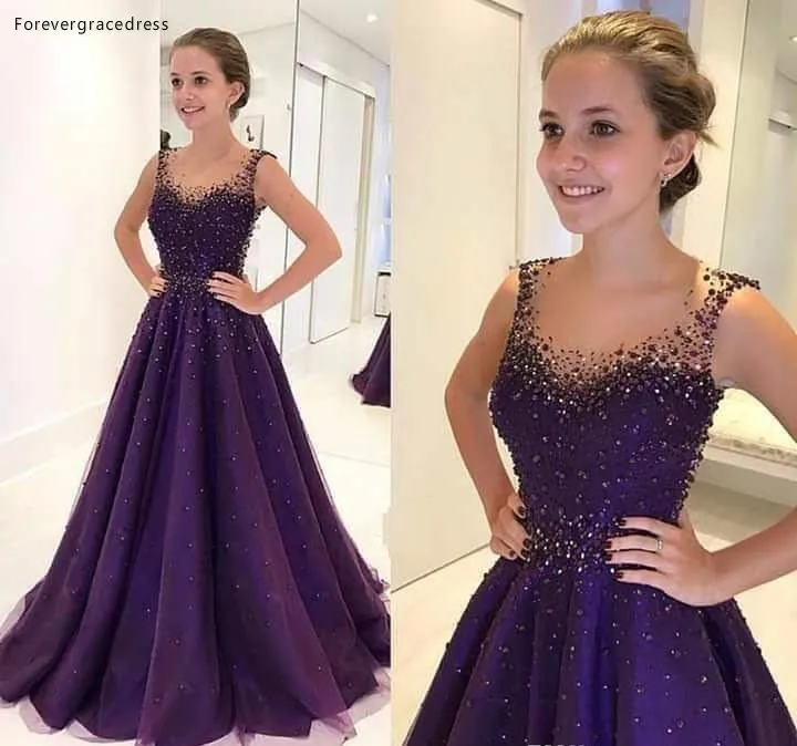 Bling Sequined Beaded Purple Evening Dresses 2018 Sheer Crew Neck A Line Floor Length Party Prom Gowns Celebrity Dress 159