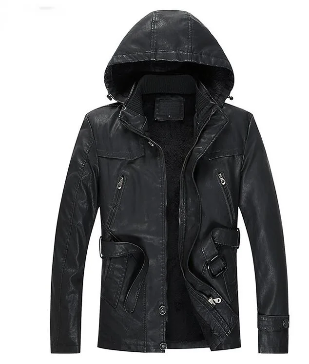 Черный Men Brand Casual Motorcycle Leather Jacket Plus velvet warm PU leather leather Hooded Coat With Big Belt - Цвет: Черный