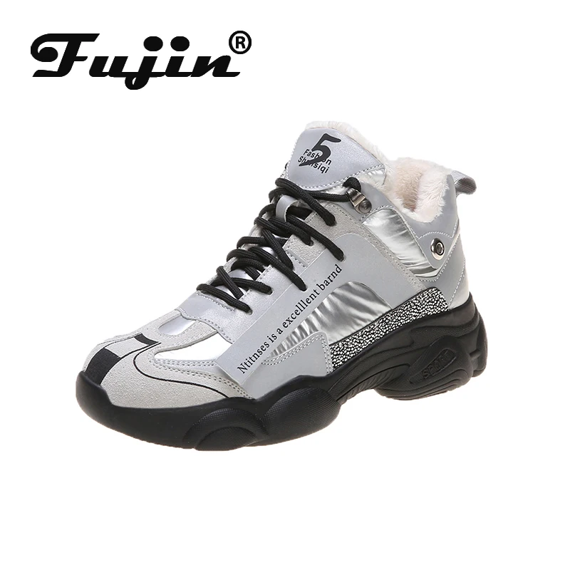 

Fujin Sneakers Women Winter Plush Keep Warm High Heels Fashion Round Toe Bling Breathable Thick Bottom Lace Leisure Women Shoes