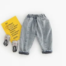 Повседневные зимние джинсы для маленьких девочек и мальчиков; брюки для детей; утепленные вельветовые брюки; коллекция года; детские длинные брюки из потертой джинсовой ткани; S10331