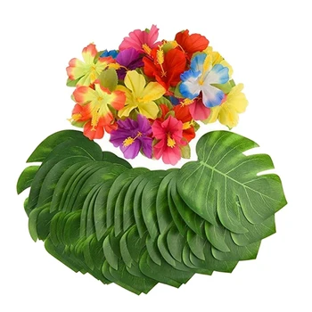 

8 inch Tropical Palm Leaves and Flowers, 96Pcs Tropical Party Decoration for Hawaiian Luau Party Jungle Beach Table Deco