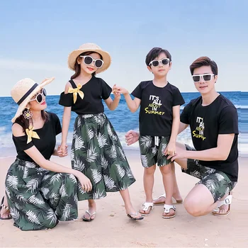 

Summer Beach Family Matching Clothes Mother Daughter Father Son Tshirt+Leaf Pants 2pcs Mommy and Me Fashion Clothes Outfits Look