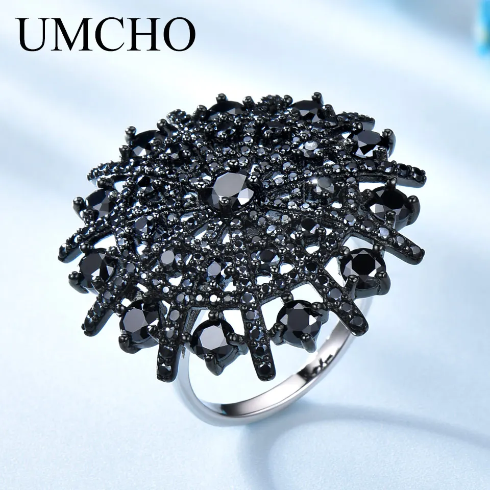 

UMCHO Elegant and Generous Black Spinel Ring 925 Sterling Silver Jewelry For Women Fashion Lady Unique Gift