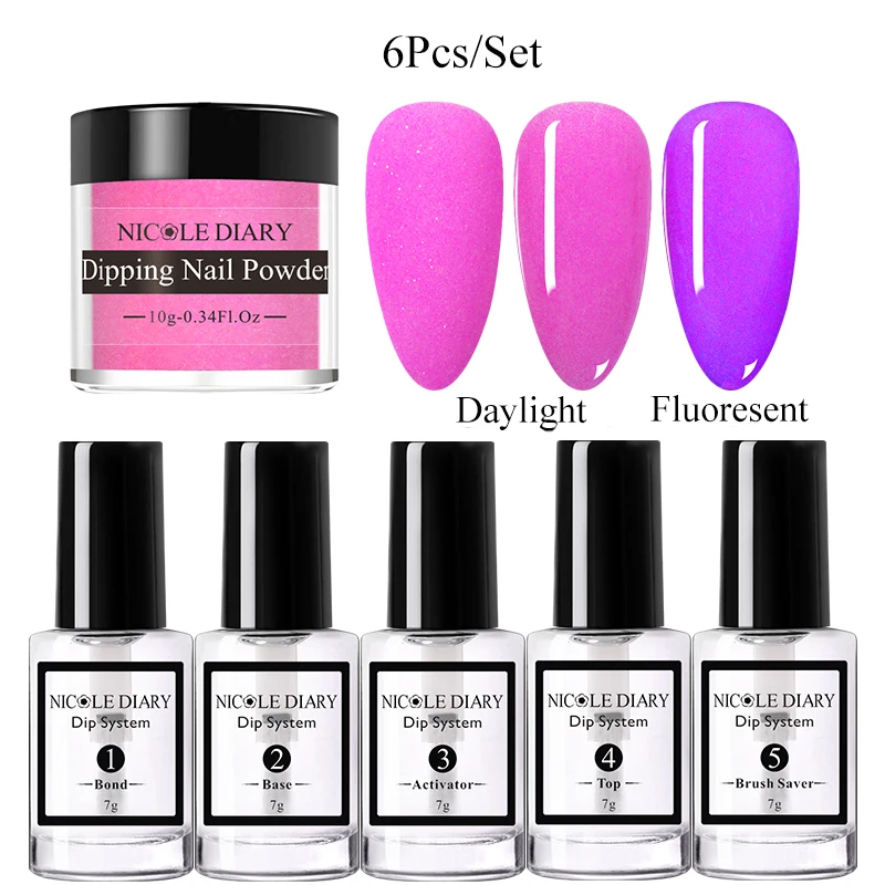 

NICOLE DIARY 6Pcs/Set Fluorescence Dipping Nail Powder Glitter Glow in Dark Neon Dip Pigment Dust Chrome Nail Art Decoration