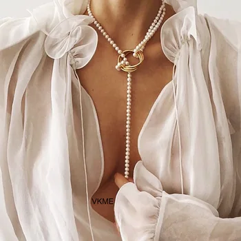 

VKME boho long Pearl Chains Necklaces Women necklace 2020 fashion Jewellery Big geometric Knot Sweater Chain Party New
