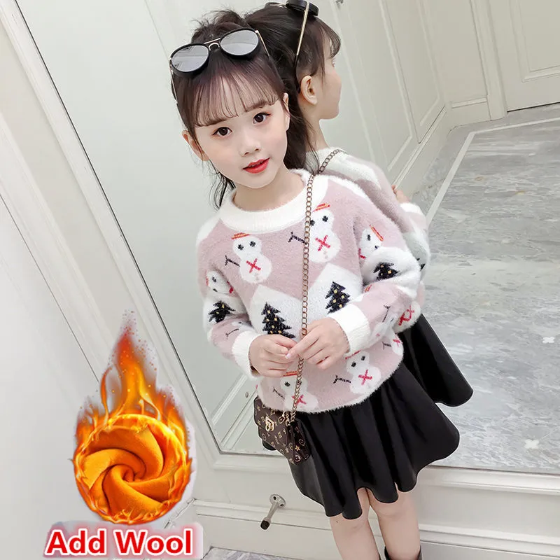 Pink Add Wool Зимний Рождественский свитер со снежинками для девочек; Детский Теплый пуловер; свитер; зимняя Рождественская Детская одежда; детская вязаная Рождественская елка - Цвет: Pink Add Wool