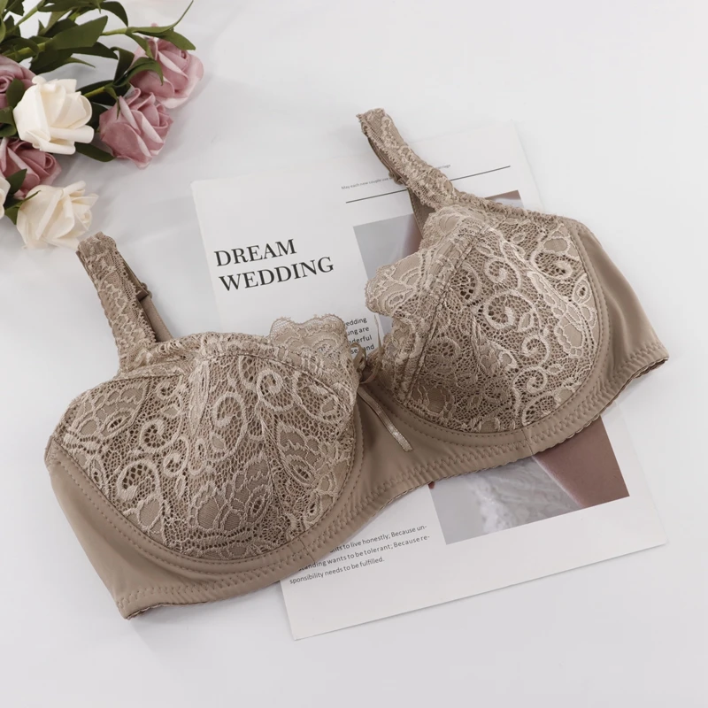 Khaki Beauwear бюстгальтер с поддержкой полной фигуры большого размера DD E F минимайзер бюстгальтеры для размера плюс женское сексуальное кружевное нижнее белье без подкладки цветочное белье - Цвет: Khaki