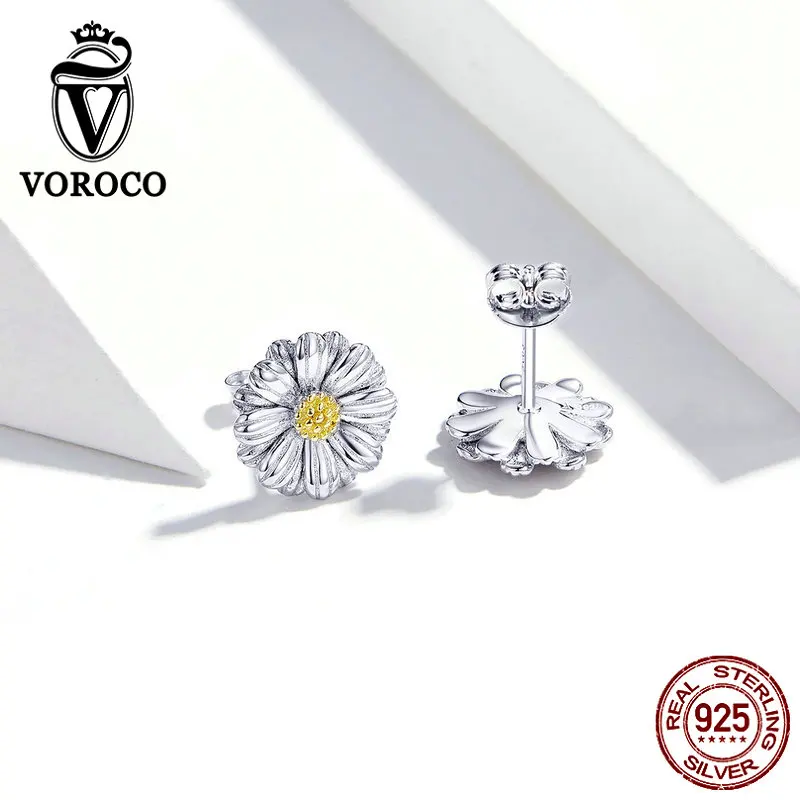 VOROCO BKE774, 925 пробы, серебро, чистая ромашка, желтый цветок, круглые серьги-гвоздики, Женский юбилей, Серебряный подарок, хорошее ювелирное изделие