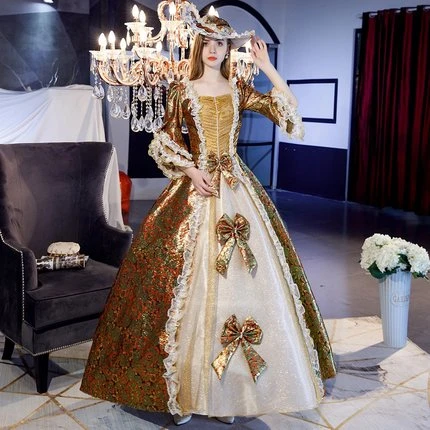 100% 本物の黄金花カーニバルロング中世のドレスルネサンス夜会服の