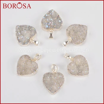 

BOROSA Silver Color Heart Shape Druzy Pendants High Quality Natural Agates Crystal Drusy Pendant Necklace for Women Gifts S0389