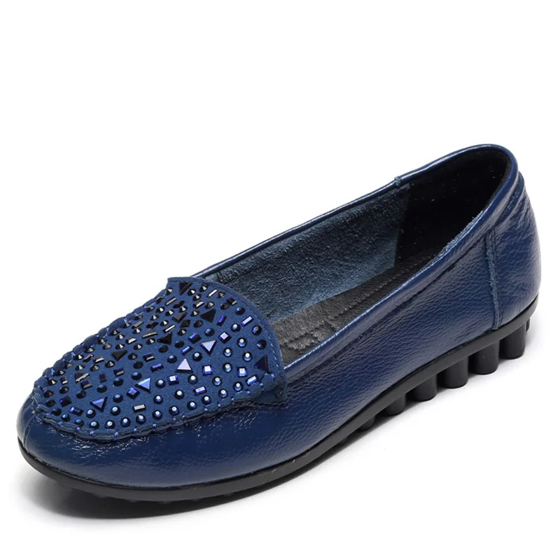 TIMETANGNew Design Shoes Woman Spring Autumn Slip On Loafers Genuine Leather Rhinestone Non-slip Flat Shoes LadiesE1111 - Цвет: Синий