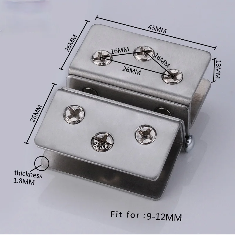 1pcs Glass Door Hinge Double Sided Without Hole Stainless Steel Cabinet Cupboard Glass Clamps Clip for 4/9/12mm 180 Degree