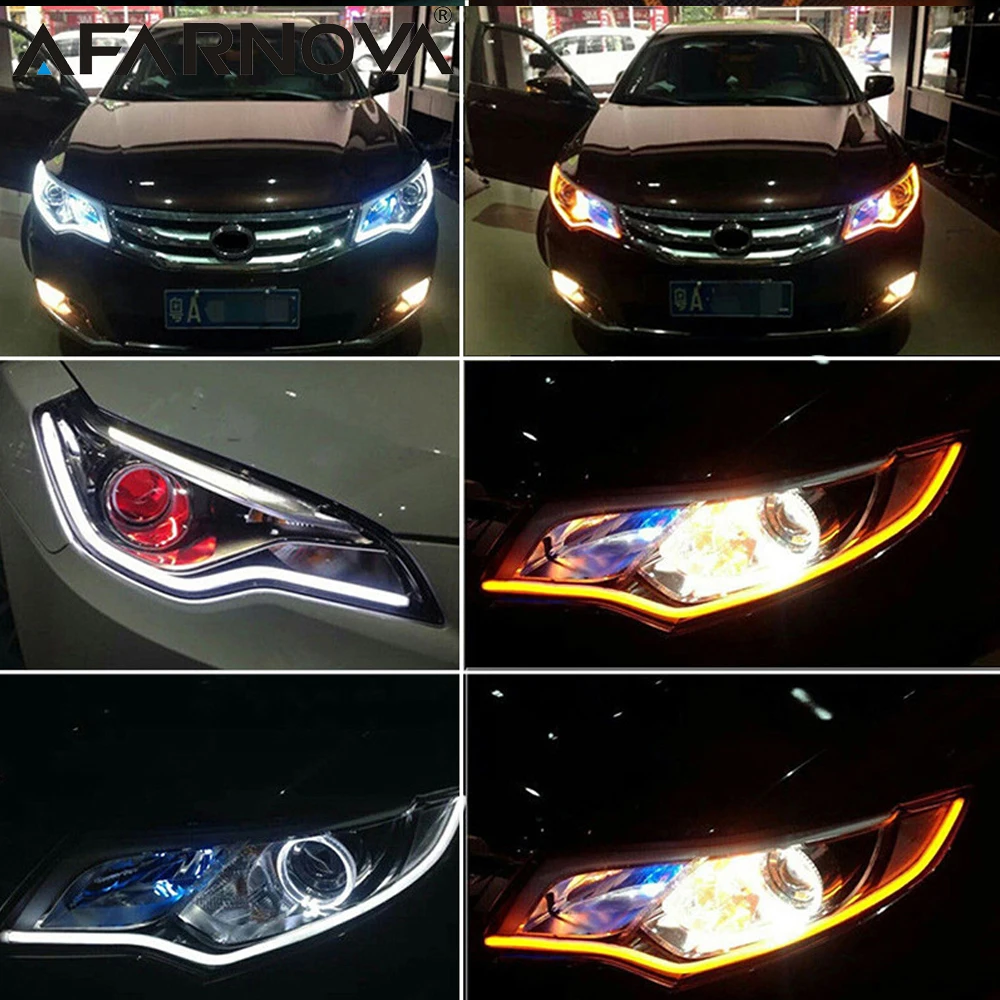2x автомобиль DRL Гибкая мягкая трубка дневные ходовые огни Светодиодные полосы белый и желтый сигнал поворота 30 45 60 см 12 В ширина зазора лампы