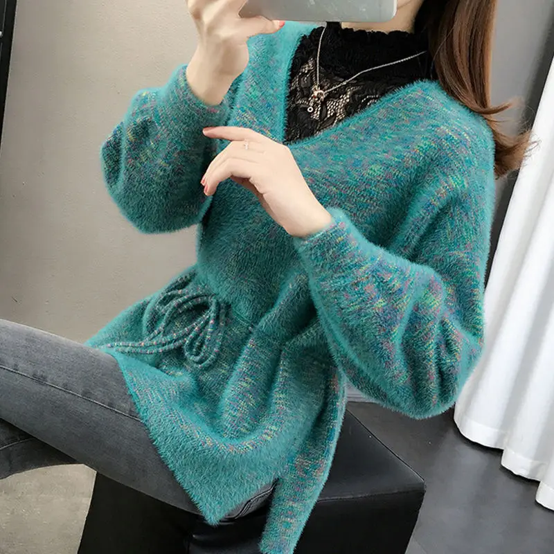 

Mink like sweater women's autumn / winter 2020 new style stitching lace bottomed
