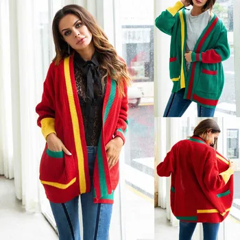 

Christmas Winter ladies coat Christmas color Open Front Solid Pocket Long Sleeve Sweater Coat Y903