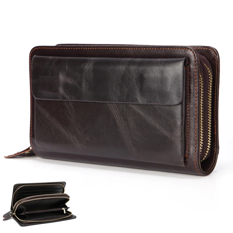 Cartera de mano de capacidad para hombre, bolso de mano de cuero genuino para negocios, bolso largo para teléfono, de gran tamaño, práctico| Carteras| - AliExpress