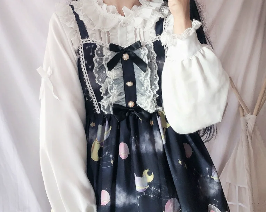 only shirt Лолита jsk принцесса лоли печати kawaii платье для девочек градиент Лолита езды Высокая талия бант кружева рюшами Готический Винтаж сладкий лоли - Цвет: only shirt