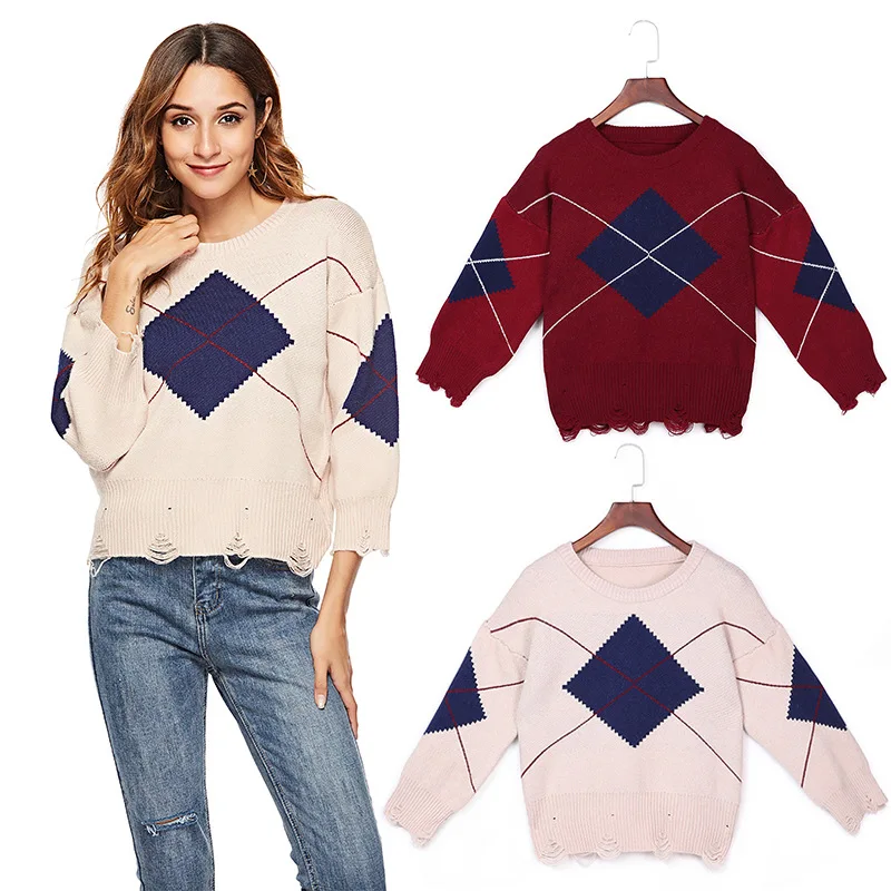 

Spring and Autumn 2020 New Loose Diamond Pattern Bottoming Knit Sweater Women