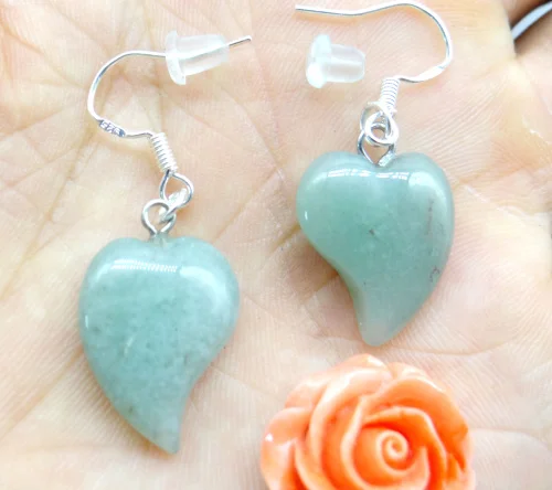Серьги подвески в форме сердца из натурального камня кварца с бирюзой для