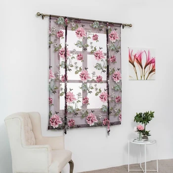 

Peony Flower Type Roman Short Curtains Use for Living Room Kitchen Burnt-out Flower Tulle Semi-shading Curtains