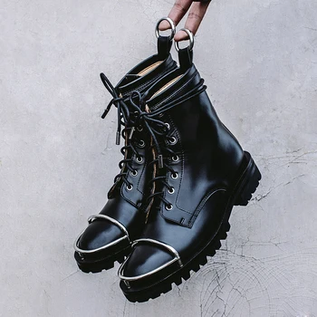 

LOVIRS Boutique Women Genuine Leather Round Toe Low Heel Ankle Boots Metal Decoration Motorcycle Boots Martin Boots For Women