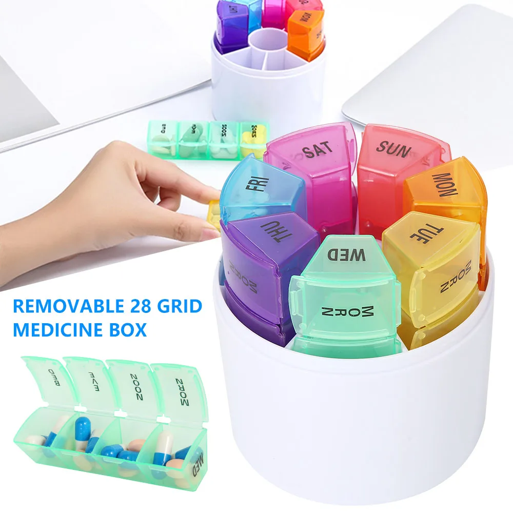 

28 Grids Pill Box Weekly 7 Day Pop Up PillL Box Medicine Tablet Storage Organiser Dispenser Splitter Cutter Medication Reminder