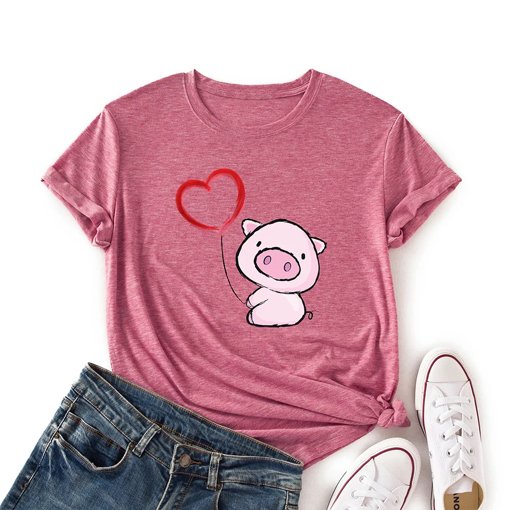 Woman Short Sleeve Colored  Graphic Tees Summer T-Shirt Female Tops Shirts for Women Cute Animal Piggy Love Heart Pig Top vintage t shirts Tees