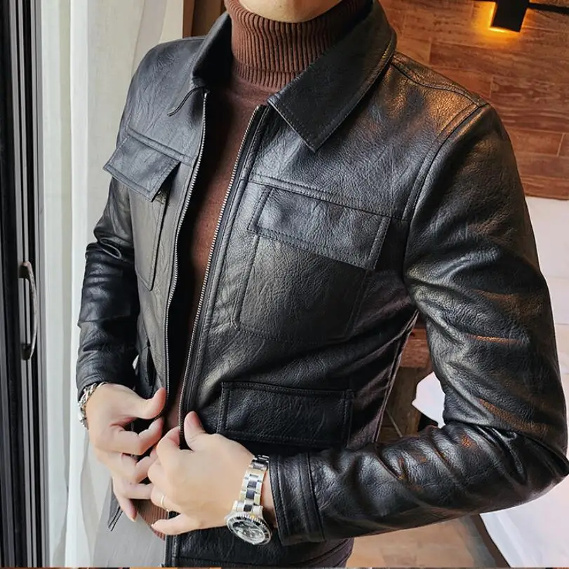 Korean Motorcycle Leather Jackets Men Large Lapel Pu Casual Biker Coat  Streetwear Social Business Coat Handsome Men Clothing - Faux Leather -  AliExpress