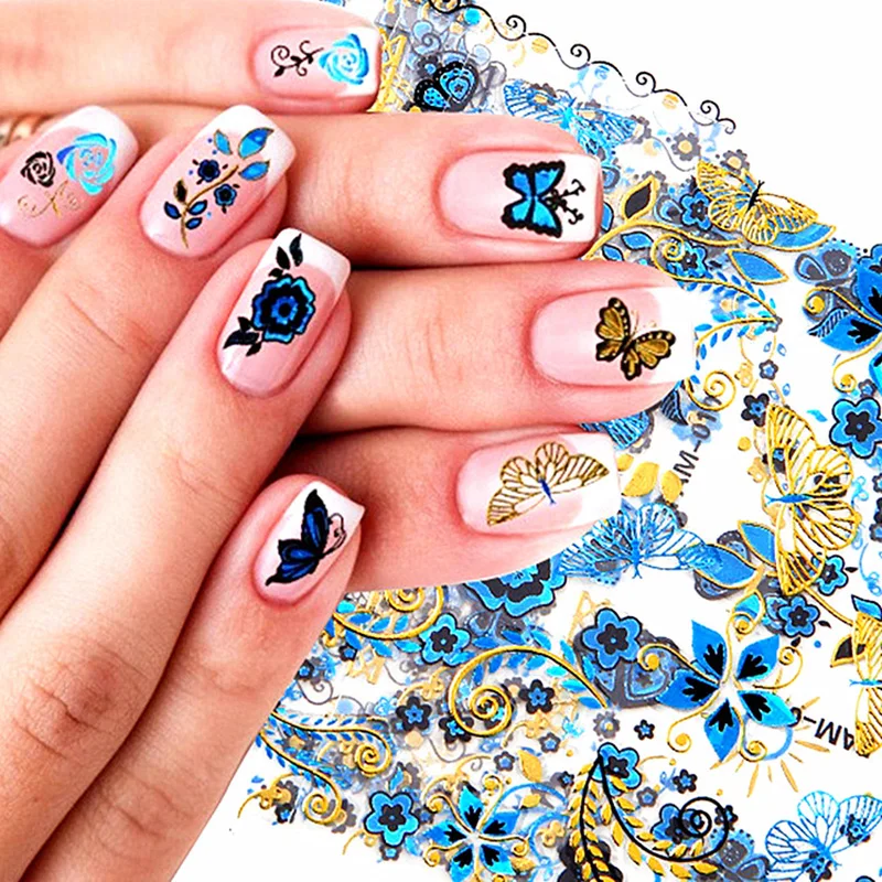 24 листа/набор синие наклейки на ногти бабочки наклейки для ногтей Аксессуары для дизайна ногтей Самоклеящиеся украшения для ногтей аксессуары для ногтей
