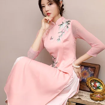 

Chinese style women's stand-up collar heavy industry embroidery fake two high-end Vietnam Ao Dai improved cheongsam dress